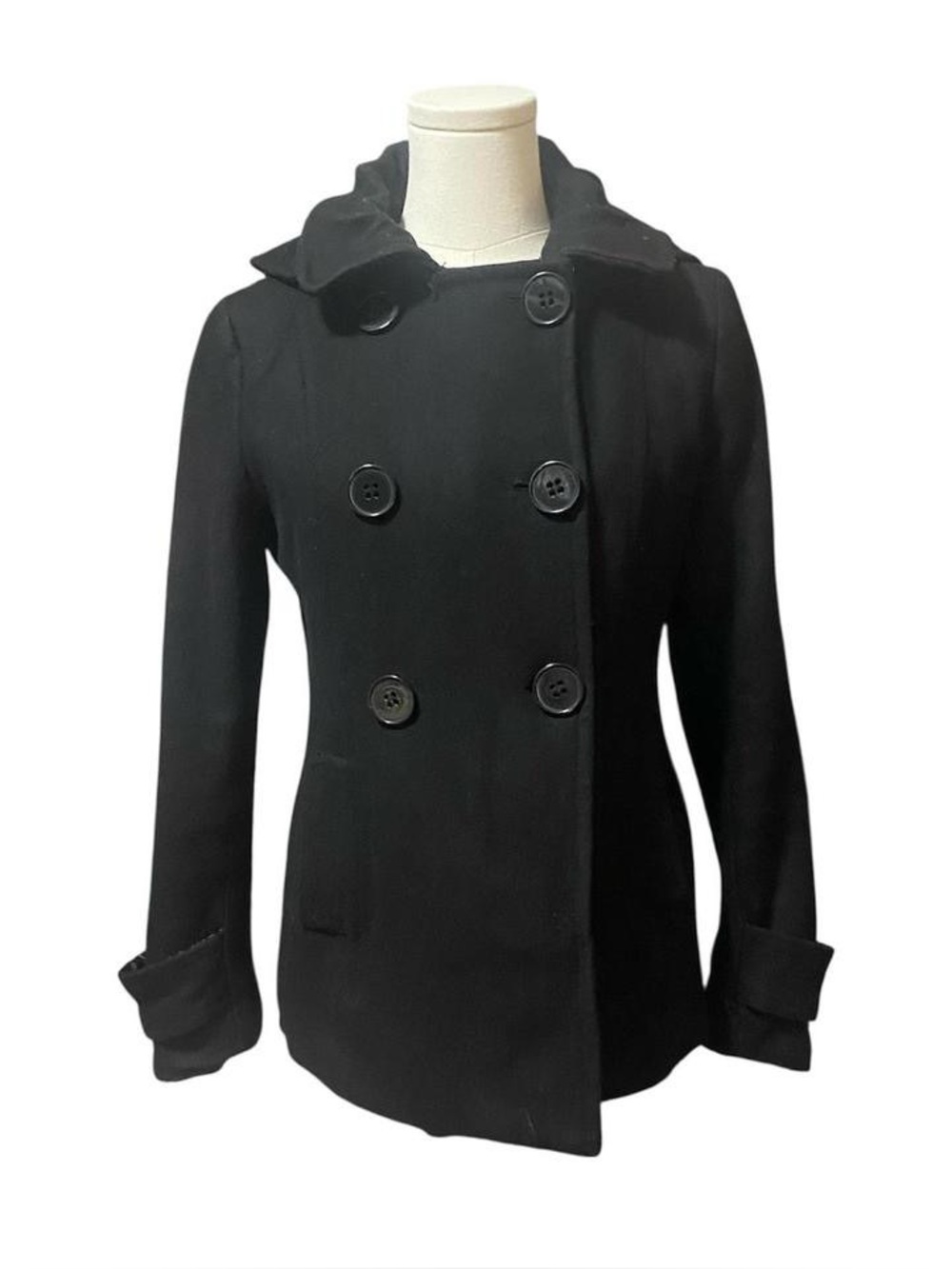 le chateau wool blend black double breasted pea coat